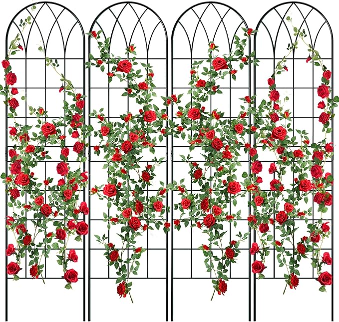 4 Pack Metal Garden Trellis for Climbing Plants, Black Metal Garden Trellis for Vines Plant Rose Vegetable Support,Large Decorative Outdoor Trellis