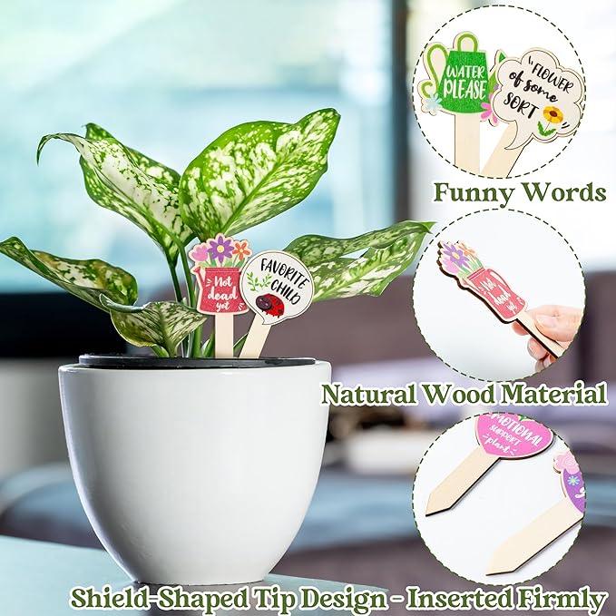 WATINC 20pcs Funny Wooden Plant Markers, Plant Sticks Labels Tags Name Stakes, Spring Wood Garden Signs for Flower Greenery Succulent Potted, Indoor Outdoor Plant Marker Gardening Gift for Plant Lover