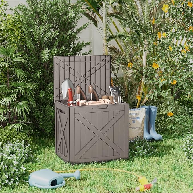 32 Gallon Waterproof Resin Deck Box, UV Resistant Outdoor Storage for Garden, Patio, Porch, Delivery（Gray，32 Gallon）