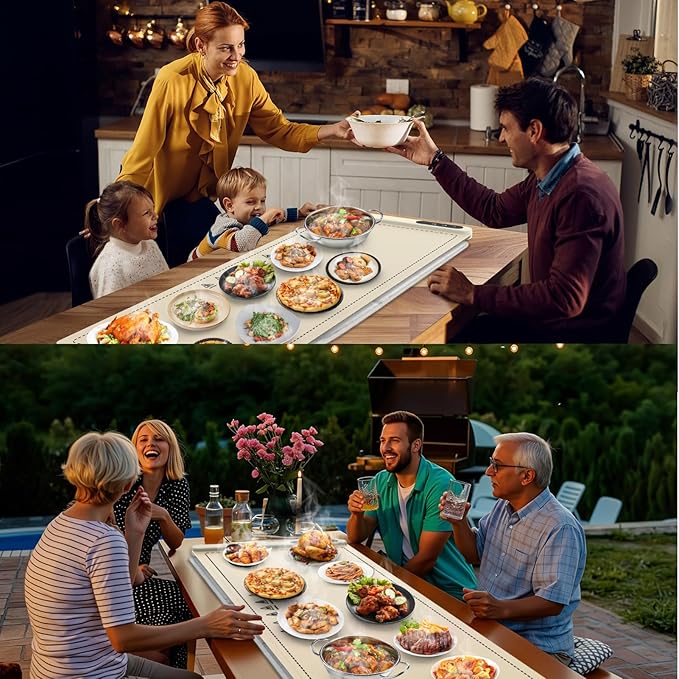 FYY Extra Long Warming Mat for Food with Heat Resistant Pad, Prevent Countertop Cracks, Keep Meal Warm, Rapid and Full Surface Heating, 6 Temp Settings, 6H Timer, Rollable Portable Food Warmer, Beige