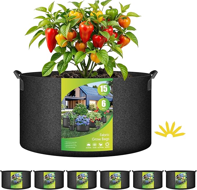 HealSmart 15 Gallon 6 Pack Nonwoven Grow Bags, Aeration Fabric Pots with Handles, Heavy Duty Garden Grow Pots for Tomato Vegetables Flowers, 6 Plant Labels, Black