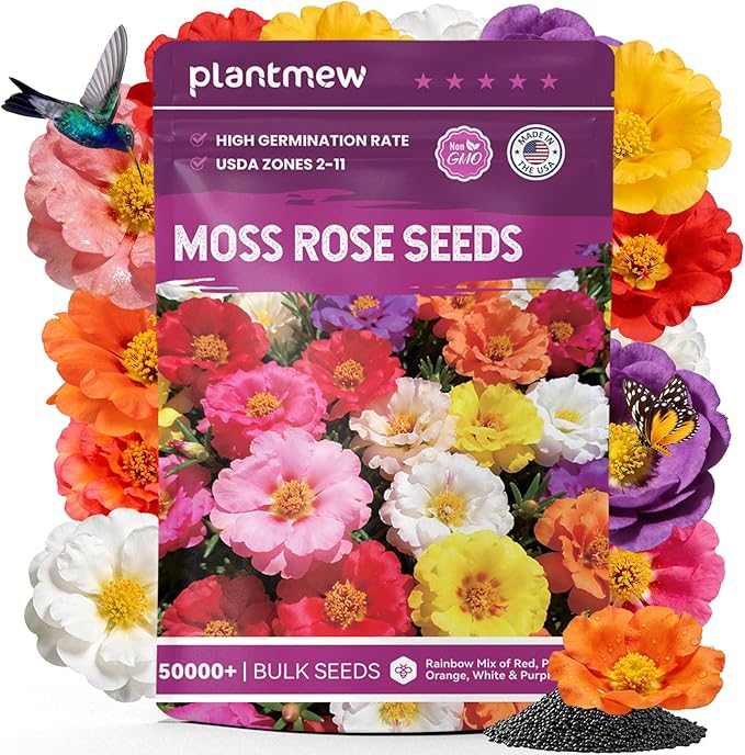 Moss Rose Seeds Bulk Pack - 50,000+ Non-GMO Heirloom Portulaca Seeds for Planting Outdoors, Rainbow Color Mix, Drought-Tolerant Ground Cover & Container Flowers, USDA Zones 2-11