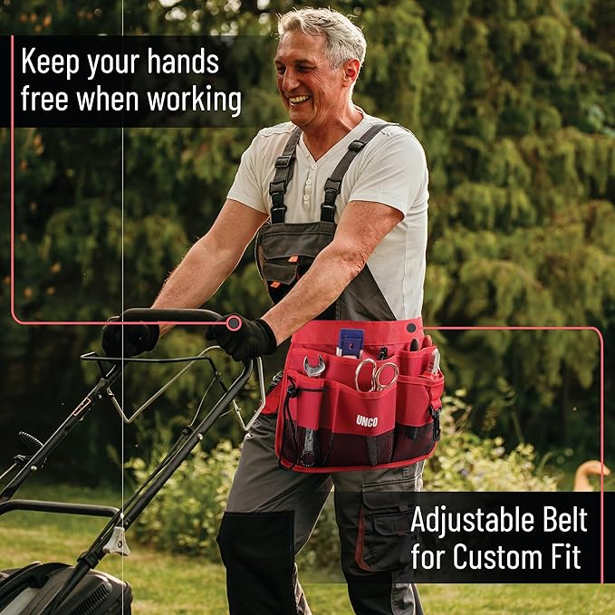 UNCO- Adjustable Gardening Belt, Red, 7 Pockets, Wear, Cut and Water Resistant, Garden Tool Belt Pouch, Waist Apron with Pockets