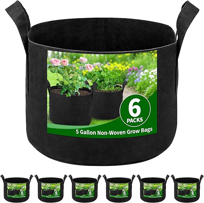 6 Pack 5 Gallon Grow Bags, Heavy Duty 300g Nonwoven Fabric Plant Pots with Reinforced Handles, Breathable Tomato Potato Vegetable Grow Bags for Garden & Patio - Black