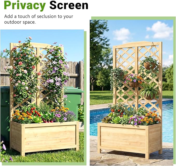 DoCred Raised Garden Bed with Trellis, 30" L x 16" W x 59" H Elevated Freestanding Planter Box for Climbing Plants, Outdoor Wooden Privacy Screen with Garden Box for Backyard Patio Balcony Decor