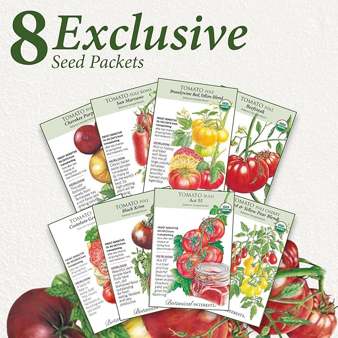 Botanical Interests: Heirloom Tomato Seed Bundle - 8 Individual Seed Packets: Non-GMO Organic & Heirloom Tomato Seeds: Diverse Slicing, Sauce, and Cherry Varieties