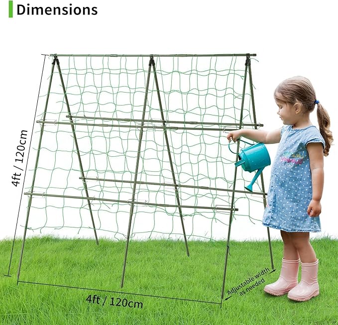Lalahoni Cucumber Trellis, 4ft x 4ft Metal A-Frame Garden Trellis Climbing Plant Outdoor Support Fruit Grape Vine Vegetable Tomato Pea Bean Cucumber Trellis Raised Bed, with Netting, Green