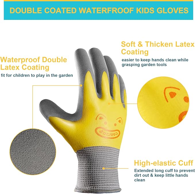COOLJOB 2 Pairs Waterproof Kids Gardening Gloves for Age 5-7, Non-slip Double-layer Rubber Coating,Children Grippy Breathable Toddler Garden Work Gloves, Blue & Yellow, Medium