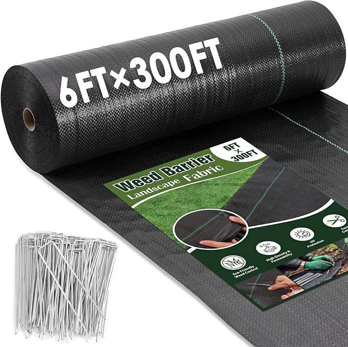 HongWay 6FT x 300FT Weed Barrier Landscape Fabric Heavy Duty, Woven Geotextile Weed Blocker Fabric with 120 U-Shaped Securing Pegs, Weed Control Mats Ground Cover for Garden Beds, Commercial Driveway