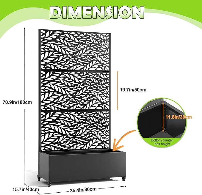 15.7"×70.9"×35.4" Metal Raised Garden Bed with Trellis and Wheels - Tall Trellis Planter Box for Climbing Plants, Vegetables & Vines - Outdoor Privacy Planters for Patio (Black-Spring)