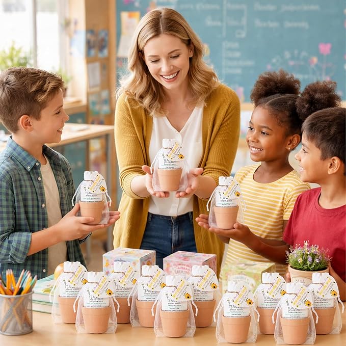 Ctosree 24 Sets Bee Teacher Appreciation Gifts Thank You for Helping Me Grow Gifts Seed Packets Bulk Adhesive Seed Packets Flowerpot Organza Bags for Graduation Daycare Teacher Thank You Party Favors