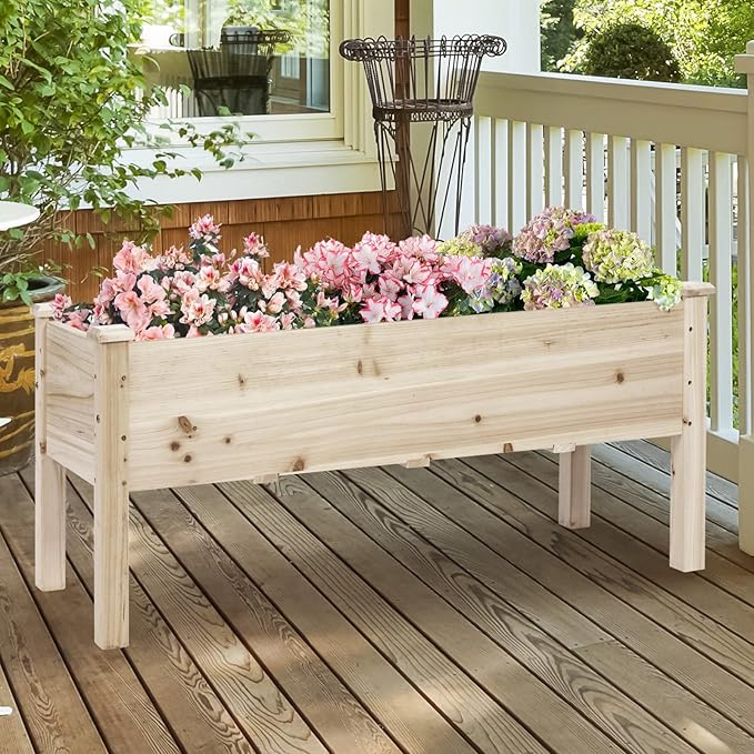 HAPPYGRILL Raised Garden Bed, Wood Planter Box with Legs, 5 Drainage Holes, Elevated Garden Bed for Vegetables Flowers, Outdoor Plant Container for Yard Garden