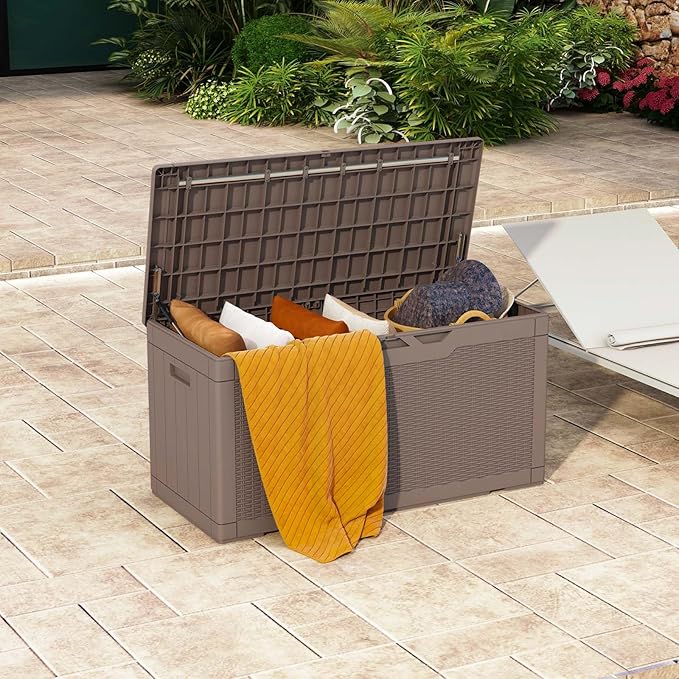 Patiowell 100 Gallon Outdoor Resin Deck Box, Waterproof Large Storage Box for Patio Furniture, Pool Accessories, Garden Tools and Sports Equipment, Lockable, Light Brown