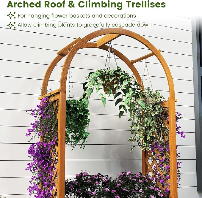 Giantex Raised Garden Bed with Arch Lattice Trellis, for Climbing Vine Flower Vegetable, Wood Planter Box with Liner & Drainage Design, Outdoor Plant Container for Yard Balcony (33"x15"x57")