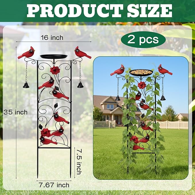 2 Pcs Cardinal Metal Garden Trellis for Climbing Plants 35" Bird Bath Plant Trellis Cardinal Decor Bird Feeder for Outside Garden Lawn Decorations Housewarming Christmas Memorial Gift Gardener