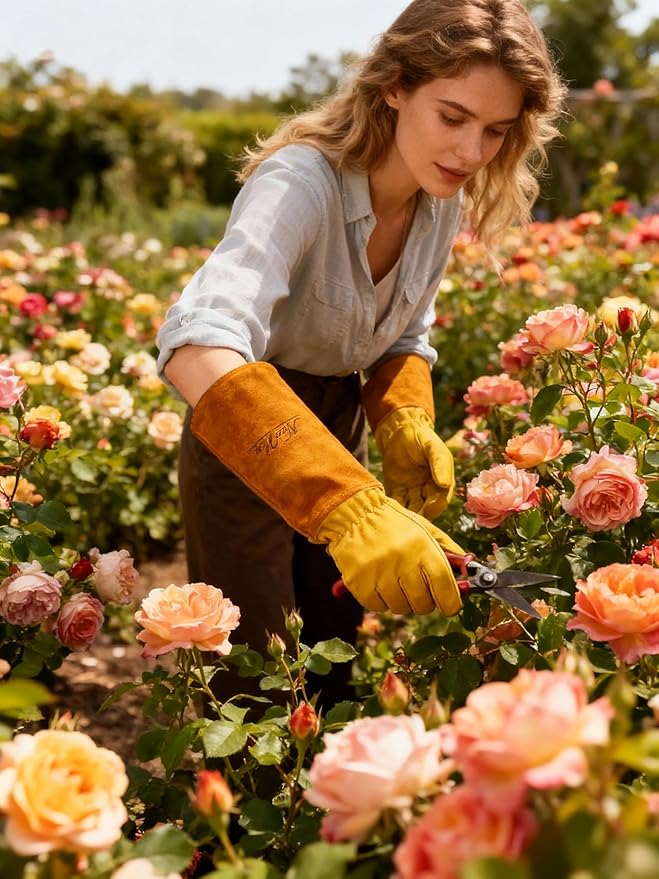 Gardens Leather Gardening Gloves for Women and Men | Thorn and Cut Proof Garden Work Gloves with Long Heavy Duty Gauntlet | Suitable For Thorny Bushes Cacti Rose (Medium, Yellow)