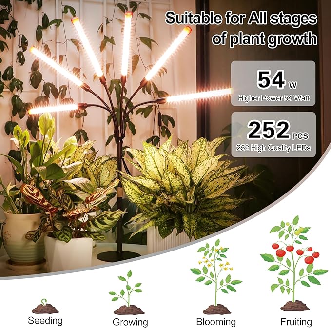 FECiDA 2026 6Head Table Top Grow Lights for Seed Starting, Indoor Plants, Bonsai, 54 Watt Power Draw, NO Need Adapter, 4/8/12/16/20H Timer, 16"-24" Height Adjustable, Big Coverage