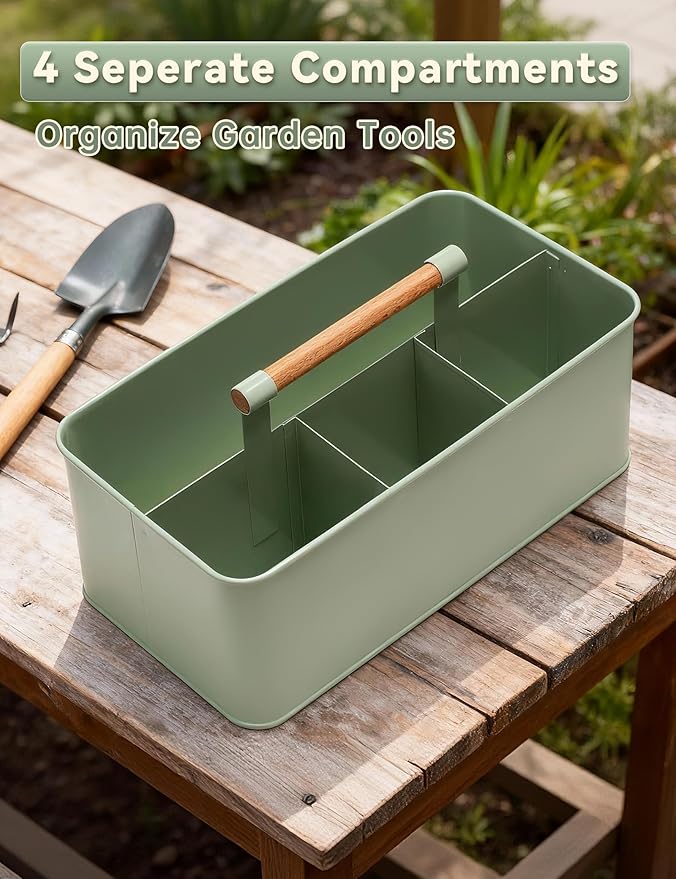 Garden Tool Organizer with Wooden Handle, Metal Garden Caddy with 4 Compartments, Gardening Tool Basket Cleaning Organizer Caddy for Indoor & Outdoor