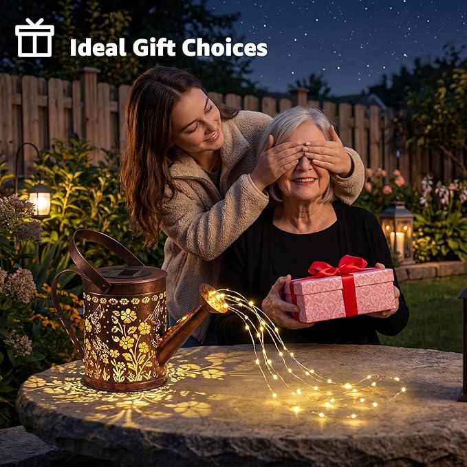 MEBRUDY Solar Garden Decor Lights, IP44 Waterproof Metal Hummingbird Solar Watering Can Lights Outdoor Decor for Yard Pathway Patio Lawn, Gifts for Women Mom Grandma Birthday