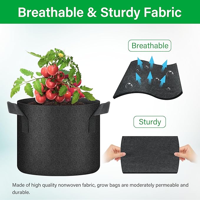 YSSOA 10-Pack 5 Gallon Grow Bags, Aeration Nonwoven Fabric Plant Pots with Handles, Heavy Duty Gardening Planter for Potato, Tomato, Vegetable and Fruits, Black 2024 Version