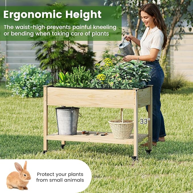 Raised Garden Bed with Legs, Wood Raised Planter w/Lockable Wheels, Drainage Holes & Storage Shelf, Planter Box for Flowers Herbs, Outdoor Balcony Backyard, Natural, 47" L x 23" W x 33" H