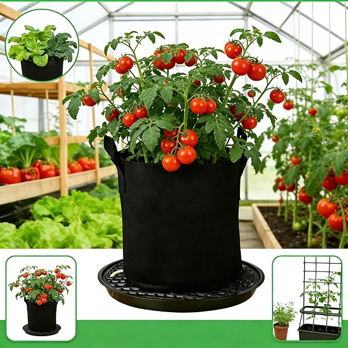 4 Pack 12 inch Self Watering Pot Base for Fabric Grow Bags, Self-watering Plastic Elevated Plant Saucer Stand, Automatic Bottom Tomato Watering Tray for 5 gallon fabric pots