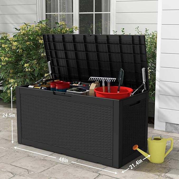 Mars Villa 100 Gallon Deck Box, Large Resin Outdoor Storage Box Waterproof, for Outside Patio Furniture Cushions, Pool Supplies, with Hydraulic Hinge, UV-Resistant and Weatherproof, Rattan Black