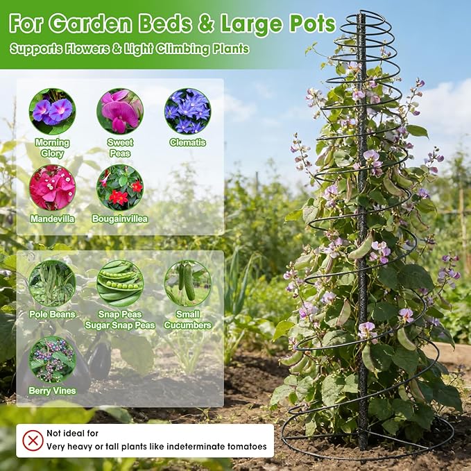 Trellis for Climbing Plants, 45” Metal Spiral Frame Pea Trellis with Center Pole, Adjustable Vine Plant Tower Supports for Outdoor Beans,Cucumbers,Vegetable,Flowers,Pots,Garden Raised Bed,12” Dia