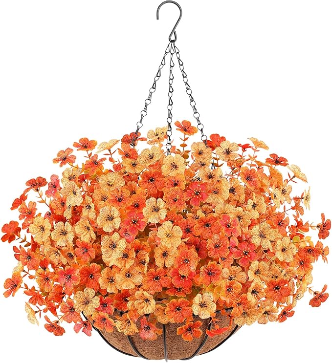 Artificial Flowers Hanging Plants in Basket, Artificial Hanging Flowers for Spring Outdoor Indoor Decor, UV Resistant Hanging Baskets with Fake Flowers for Spring Summer Patio Garden Porch Decor