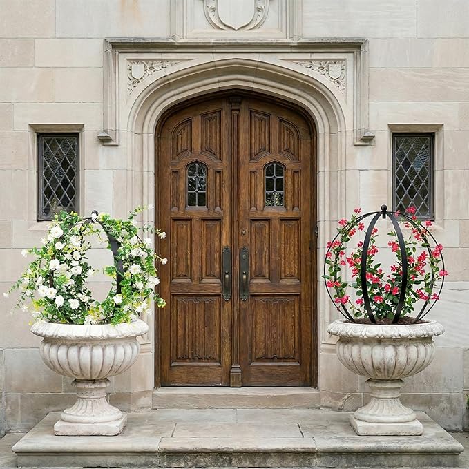 2 PCS Metal Garden Round Trellis for Climbing Plants, Large Black Powder Coated Obelisk for Roses, Vines, Flowers, Patio Doorway Garden Decor Indoor Outdoor, Easy Assembly (25.2" x 21.3")