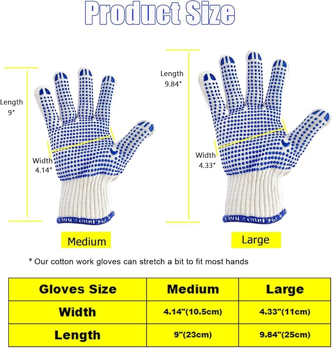 12 Pairs Cotton Work Gloves for Men Women,Hardy Cloth Moving Gloves with Grip,String Knit Gloves Bulk for Garage Warehouse