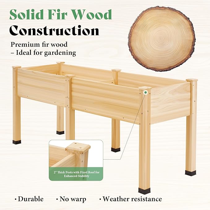 AMERLIFE Raised Garden Bed, 72x24x30 Inches Elevated Wood Planter Box with Bed Liner, Legs, Divider, Drainage Holes, Stand for Backyard, Patio, 300 Lb Capacity - Light Wood