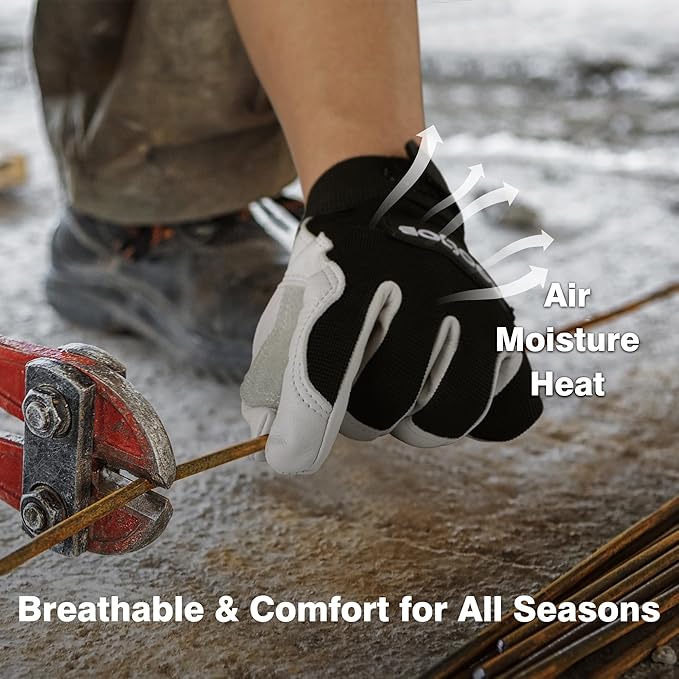COOLJOB Sheep Skin Leather Garden Gloves with Abrasion Resistant Grip, Thorn Puncture Proof Work Gloves for Landscaping, M-XL