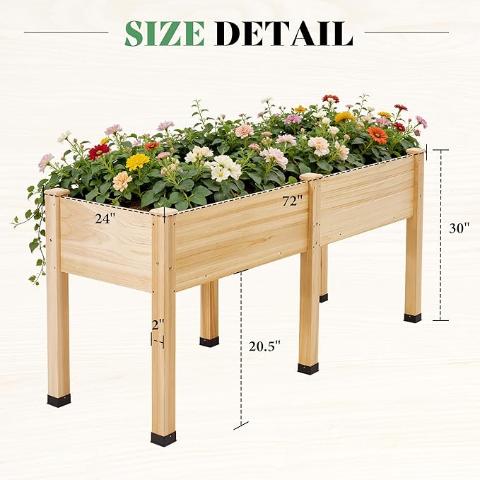 AMERLIFE Raised Garden Bed, 72x24x30 Inches Elevated Wood Planter Box with Bed Liner, Legs, Divider, Drainage Holes, Stand for Backyard, Patio, 300 Lb Capacity - Light Wood