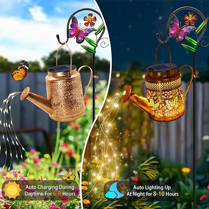 Big Solar Butterfly Watering Can Lights, Gift For Mom Grandma Women Wife Daughter Mother's Day, Waterproof Hanging Lantern Lights With Shepherd Hook, Outdoor Decor For Garden Patio Yard Porch Backyard