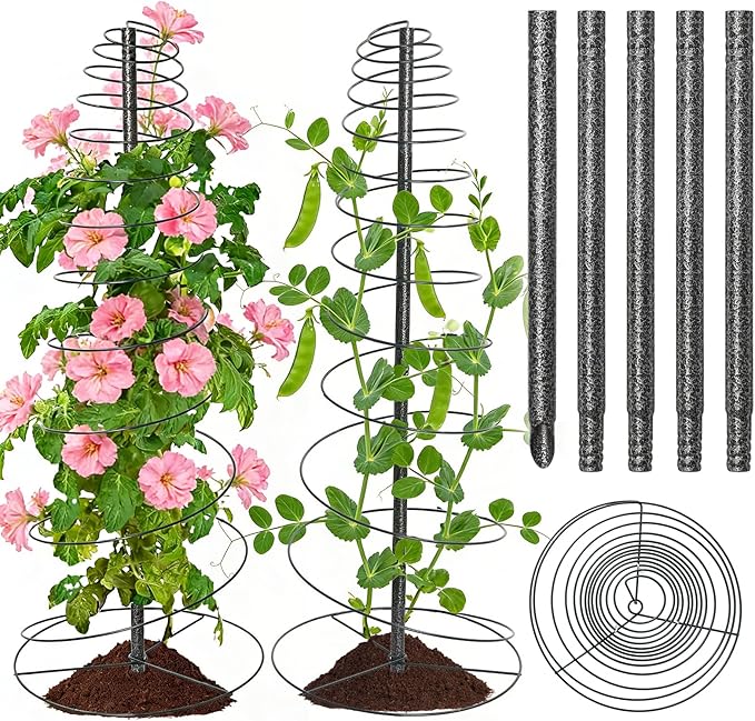 2 Pack 74in Tall Spiral Frame Trellis for Climbing Plants Outdoor, Heavy Duty Metal Garden Plant Tower, Rustproof Support for Pole Bean Cucumber Sweet Peas Clematis Vines, Anti-Tip Pot Indoor Decor