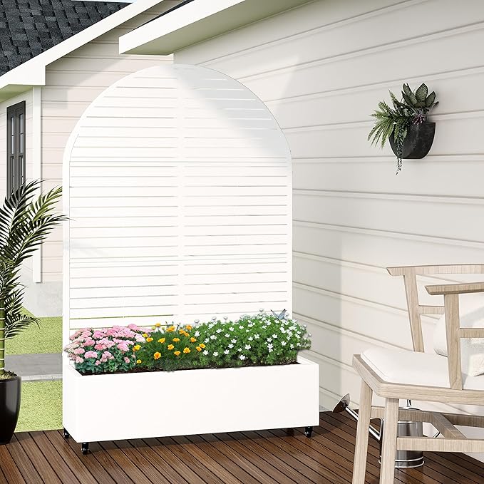 Casaphoria Metal Raised Garden Bed with Trellis and Wheels, 72"x47"x16" Arched Planter Box for Climbing Plants, Vegetables & Vines, Features Drainage Holes and Privacy Screen (White-Louvered)