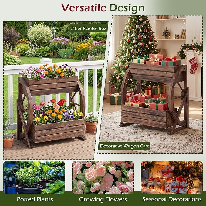 HAPPYGRILL 2-Tier Raised Garden Bed, Rustic Wood Wagon Planter Box with Drainage Holes & Semi-Wheels for Vegetables Herbs, Indoor Outdoor Decorative Flower Cart Pot Stand for Patio Yard Balcony (2)