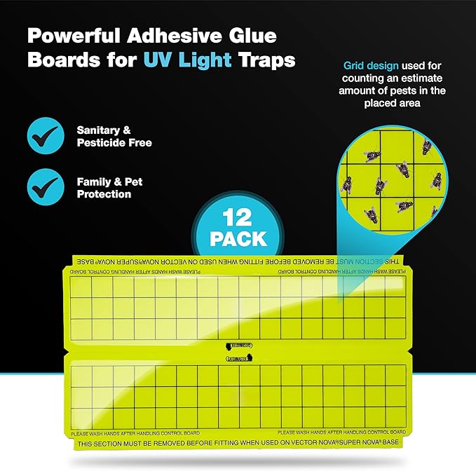Catchmaster Vector Trap Replacement, UV Light Fly Traps for Home, Unscented Sticky Gnat Glue Boards for House, UV Lamp Insect & Mosquito Killer Refill, Adhesive Bug Light Boards, 12-Pack Yellow