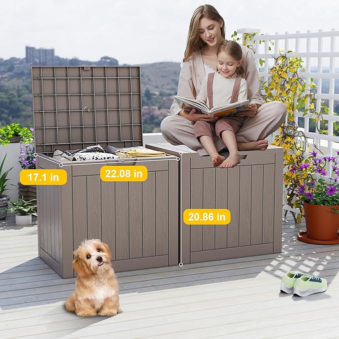 PatioZen 30 Gallon Deck Box,Resin Outdoor Storage Box with Lockable for Patio Furniture, Garden Tools Waterproof Outside Storage Box, Grey