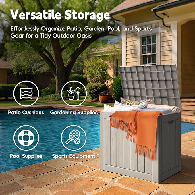Outdoor Storage Box, Waterproof Deck Box, Outdoor Patio Storage Bin, Weatherproof (Grey, 31 Gallon)