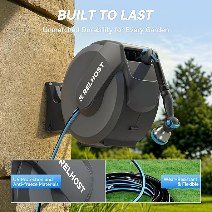 Retractable Garden Hose Reel, 1/2 in x 100 ft Wall Mount Heavy Duty Hose Reel with Any-Length Lock, Auto Rewind System, 180° Swivel Bracket, and 10-Pattern Nozzle for Garden, Dark Grey