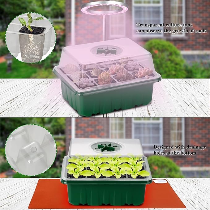 10 Pack Seed Starter Trays Seedling Tray, 120 Cells Humidity Adjustable Seed Starter Kit with Dome & Base, Greenhouse Germination Grow Trays Mini Propagator for Seeds Growing Starting