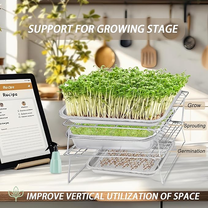 Sprouts Growing Rack 4-Tier 14 inch Shelf, Metal Foldable Plant Stand for Sprouting Tray Indoor, Seed Starting Tray Plant Shelf, Silver Rack for Kitchen Table Top Space Saving