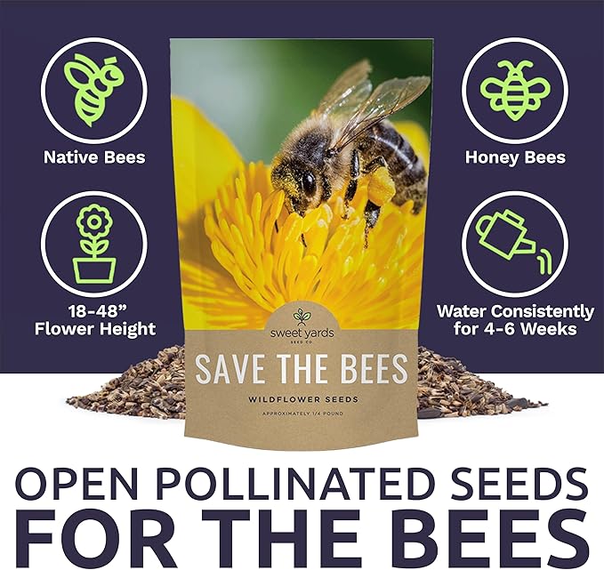 Bee Friendly Wildflower Seed Mix - Bulk 1/4 Pound Bag - Over 30,000 Open Pollinated Seeds - 100% Pure Live Seed - Save The Bees!