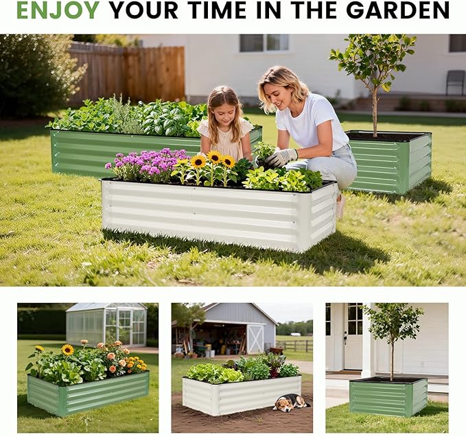 INNO STAGE Galvanized Raised Garden Bed Kits, 4x2x1ft Metal Raised Garden Beds Outdoor, Steel Raised Planter Bed with Gloves for Vegetables & Flowers Patio Ground Planter Box (Olive Green, 2PCS)