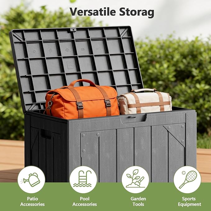 Outdoor Storage Box - 31 Gallon Waterproof Resin Deck Box, Lockable Patio Storage Bench for Package Delivery, Cushions & Garden Tools, UV Resistant (Grey, 31 Gal)