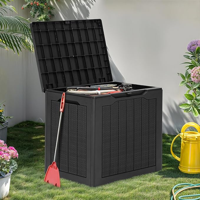 YITAHOME 32 Gallon Outdoor Storage Box, 2-Pack Water Resistant Resin Deck Box, Indoor Outdoor Lockable Storage Container for Patio, Garden, Cushions, Tools, Equipment (Dark Black)
