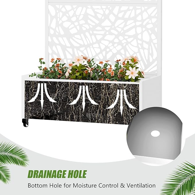 Casaphoria Metal Raised Garden Bed with Trellis and Wheels, 72"x35"x16" Planter Box for Climbing Plants, Vegetables & Vines, Features Drainage Holes and Privacy Screen, White-Net