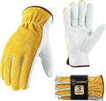 OZERO 3 Pairs Large Cowhide Leather Work Gloves, Heavy Duty Driver Gloves for Truck Driving, Warehouse, Gardening & Farming, Gold/Light Cyan